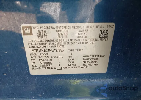 2017 GMC Sierra 1500 Slt z USA, uszkodzony, nr VIN 3GTU2NEC7HG427355